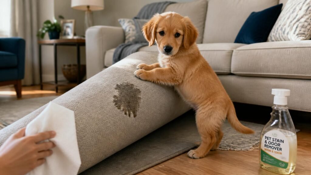 Adorable golden retriever puppy standing on a rug with a wet spot, looking guilty next to a stain remover bottle in a bright American living room