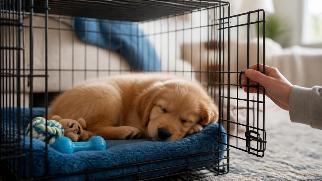 Golden retriever puppy sleeping peacefully inside an open wire crate with a blue bed and chew toys, showing a positive crate training experience