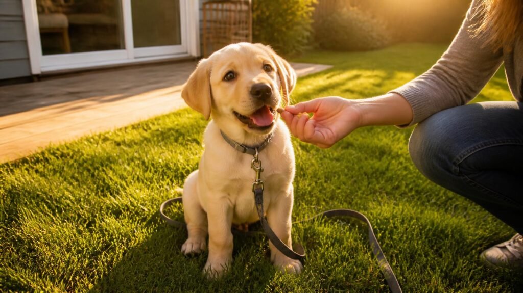 Trainer rewarding a puppy with a treat in the backyard for successful potty training, key to housebreaking success